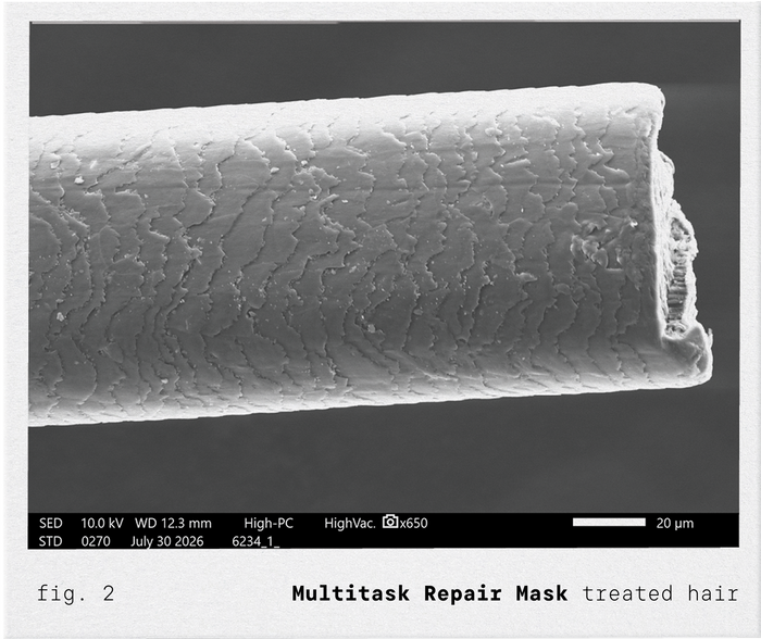 Fig. 2: hair treated with Multitask Repair Mask under a scanning electron microscope, smooth and intact.